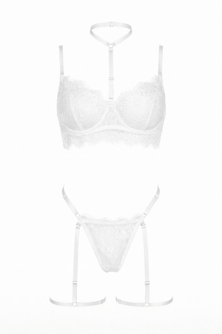 Lueur – White Lace Two-Piece Lingerie Set with Halterneck &amp; Thigh Straps